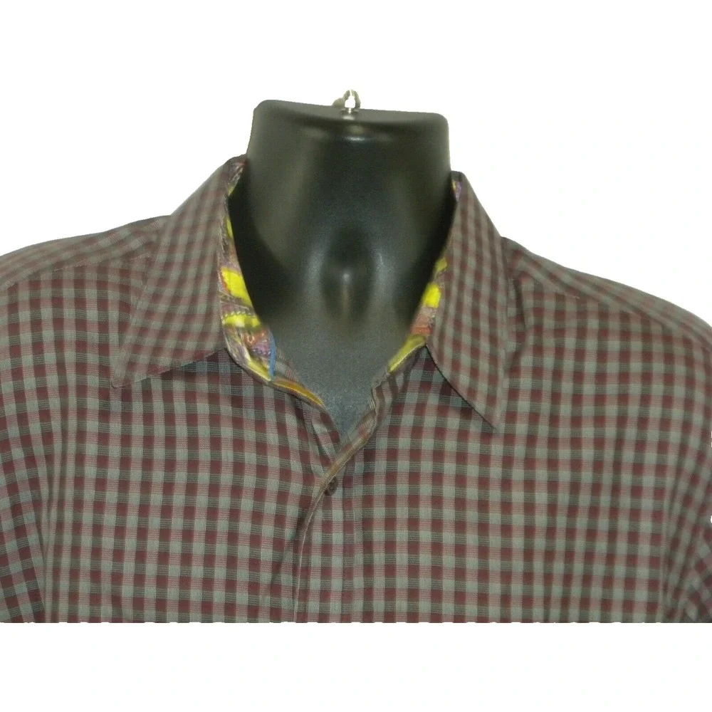 Robert Graham Shirt Mens XL Maroon Gray Check Button Up Contrast Flip Cuff Stain - Picture 4 of 16